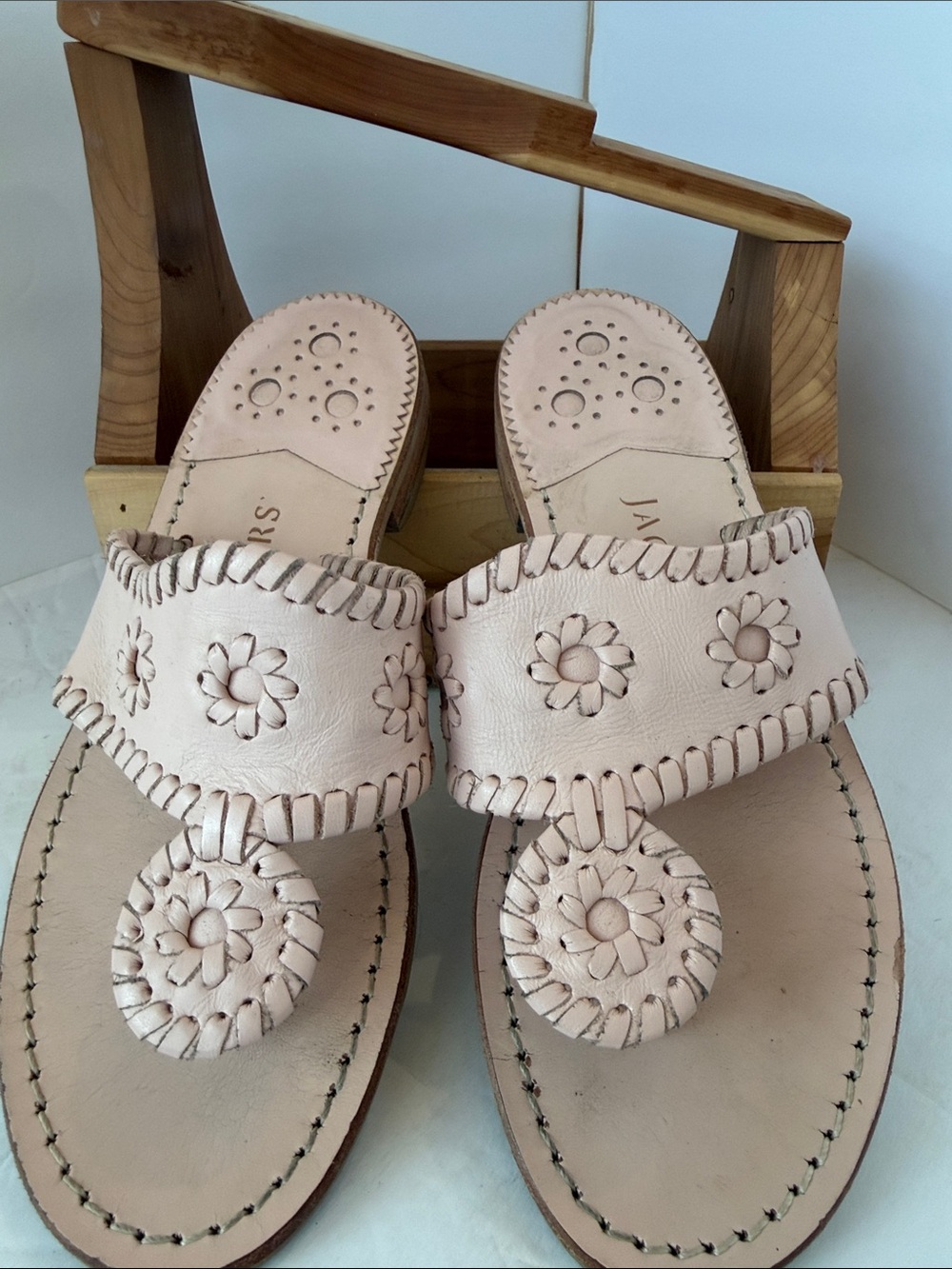 Jack Rogers Leather Flower-Embellished Sandals — Pale Blush Size 5